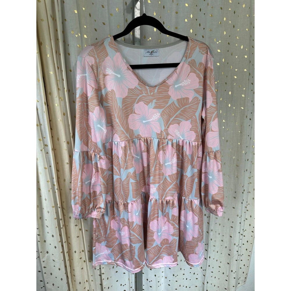 Ola Hou designs Hawaiian Hibiscus Bubble Sleeves Baby Doll Tiered Dress S - Picture 3 of 6